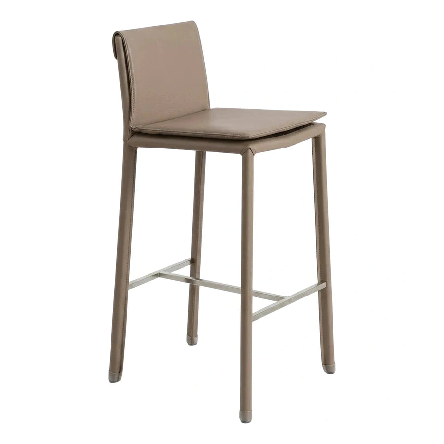 Modern Taupe Leather Bar Stool with Metal Footrest