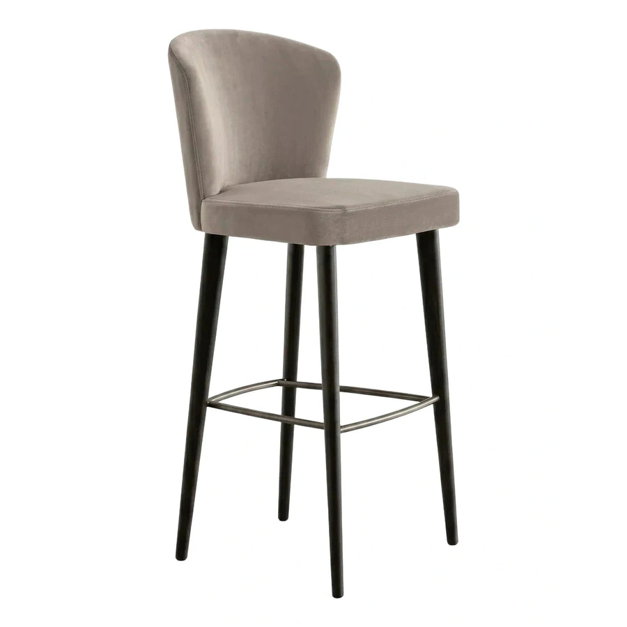 Modern Grey Velvet Bar Stool with Dark Wood Legs