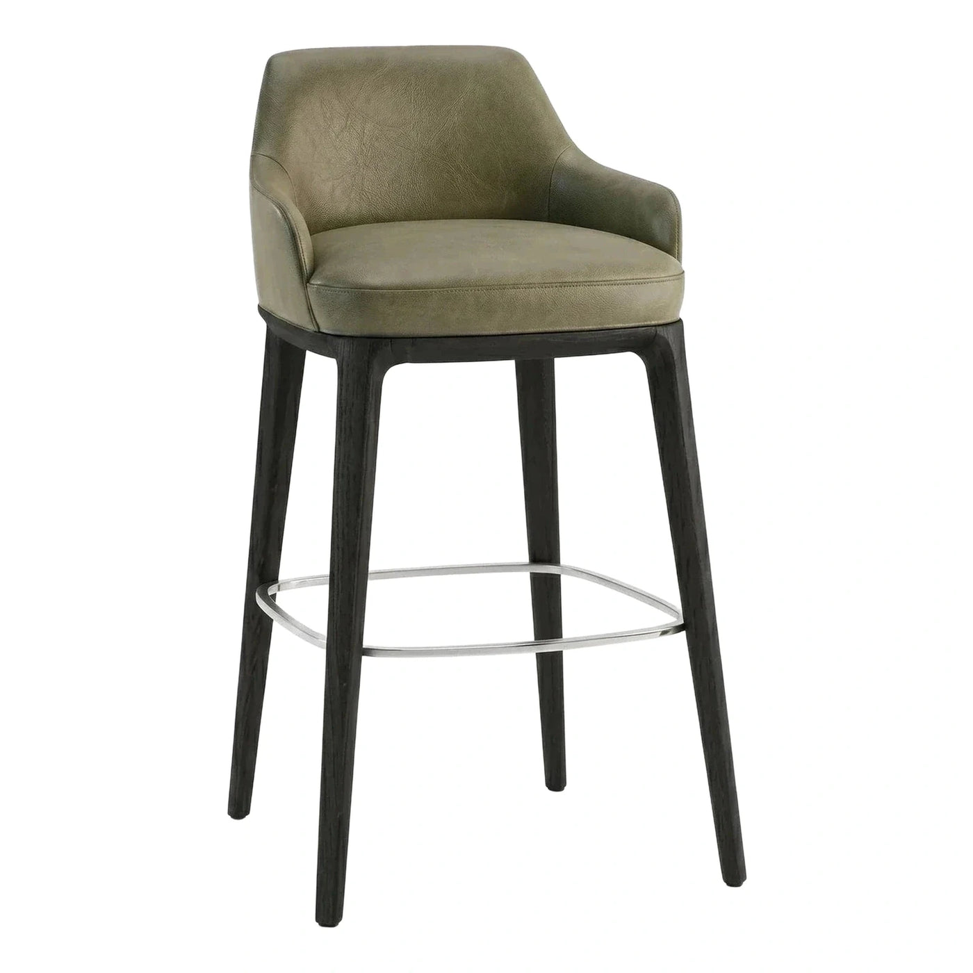 Olive Green Leather Bar Stool with Dark Wood Legs