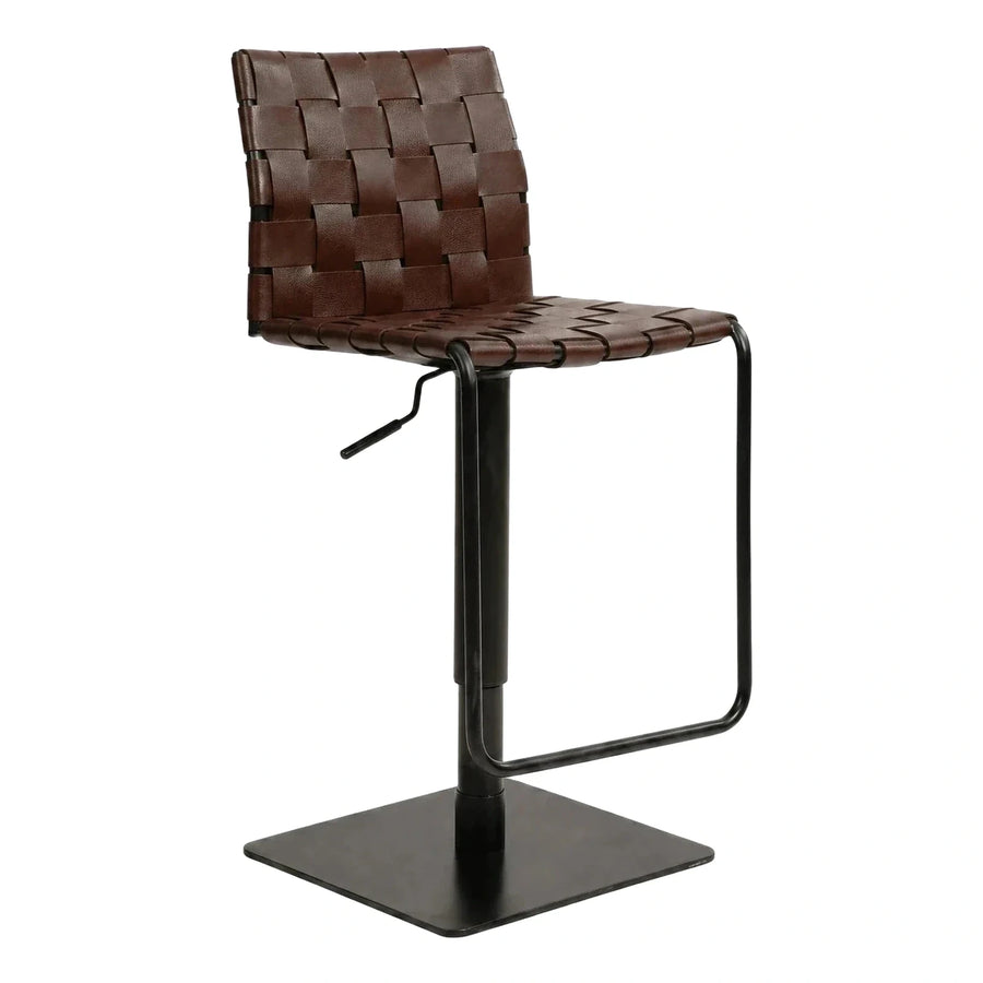 Woven Brown Leather Adjustable Bar Stool Black Base