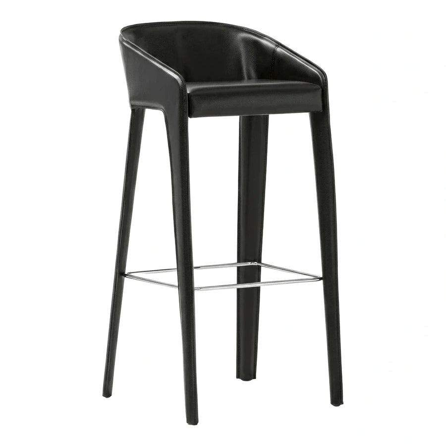 Modern Black Leather Bar Stool with Chrome Footrest