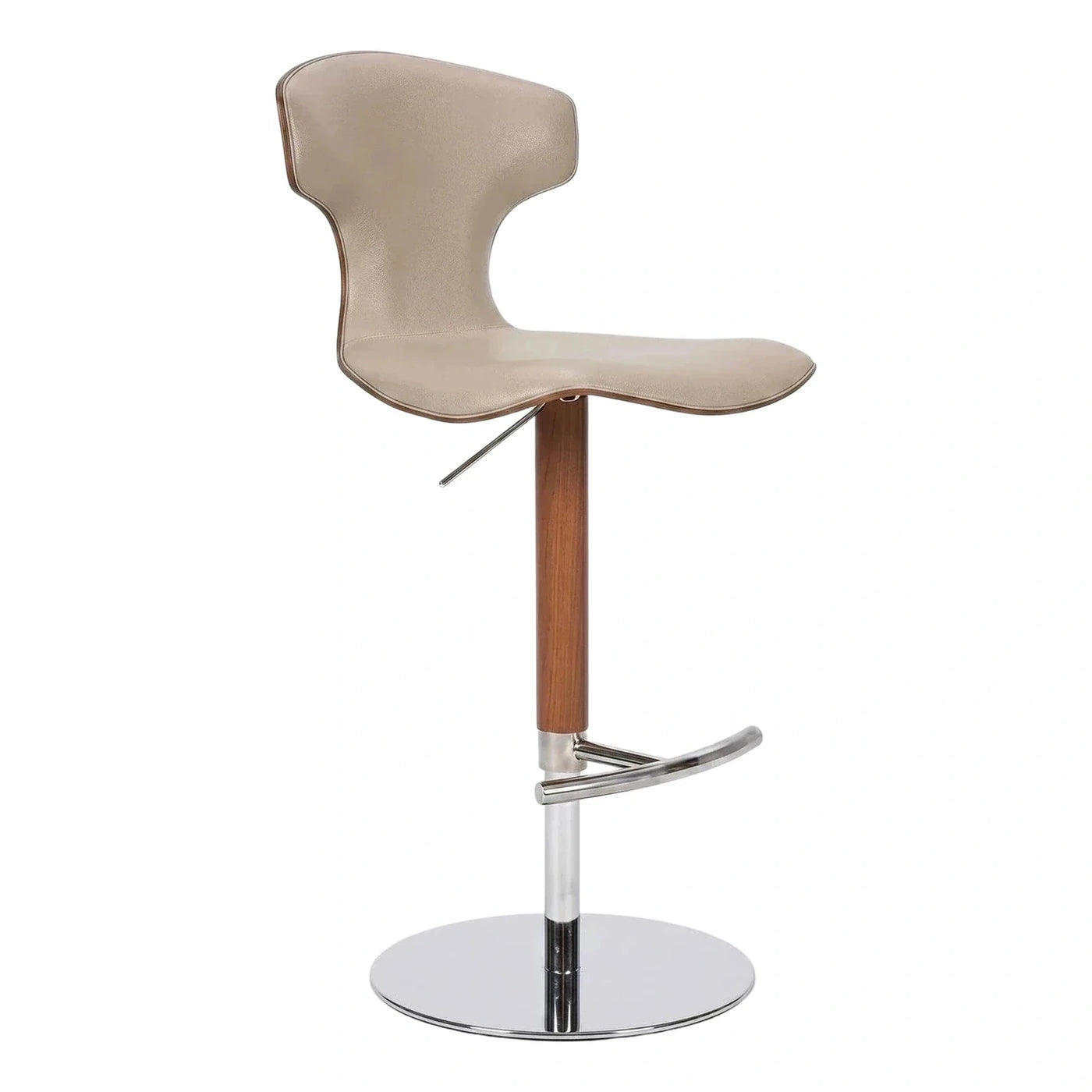 Adjustable Beige Leather Bar Stool with Wood and Chrome Base
