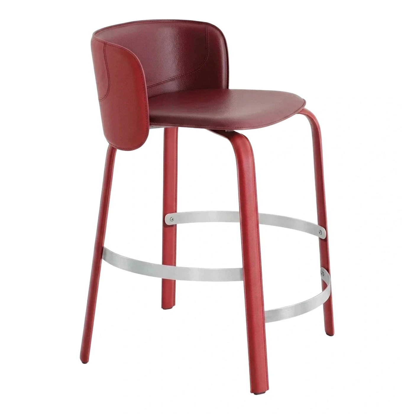 Modern Red Leather Bar Stool with Metal Footrest