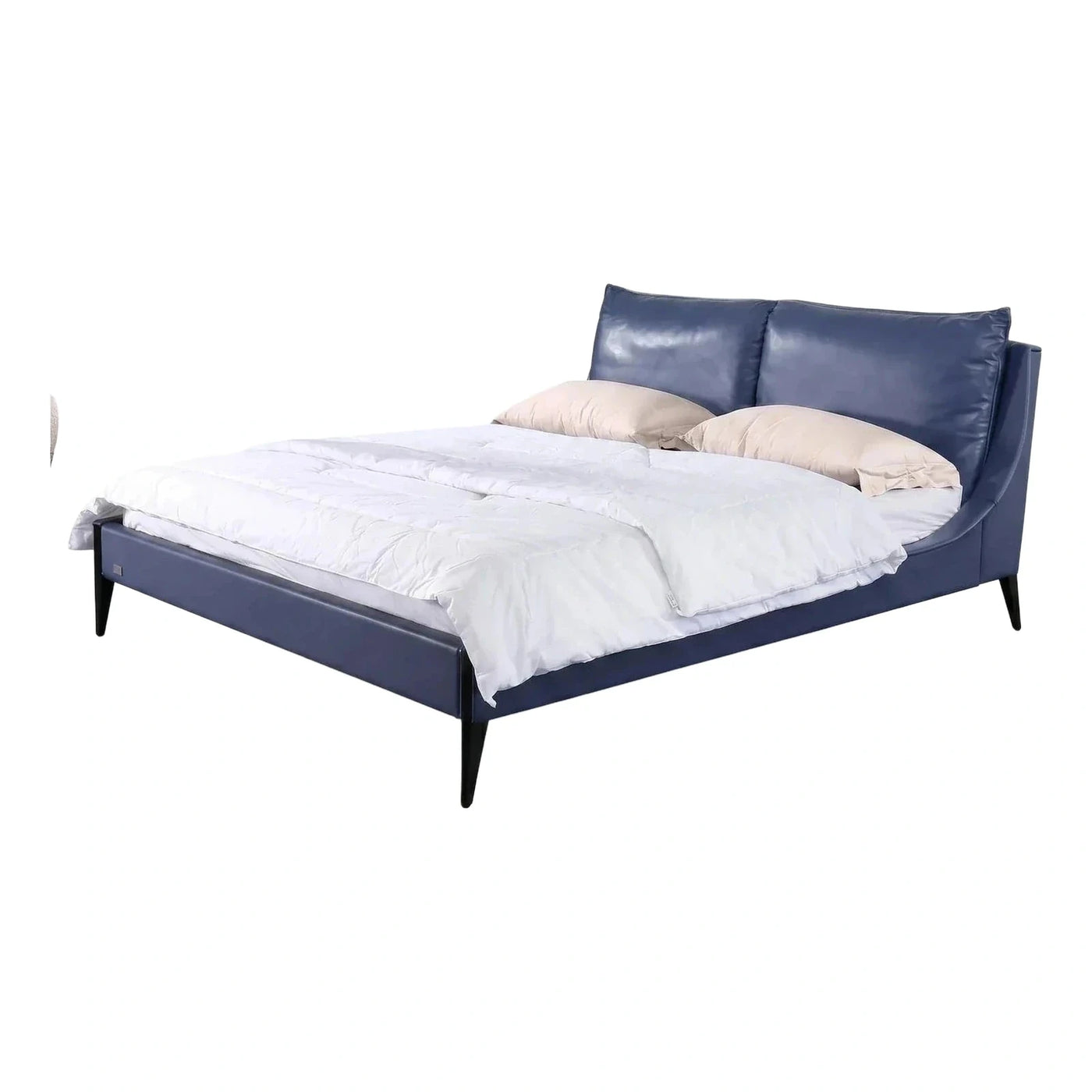 Blue Leather Bed with Dual-Cushion Headboard