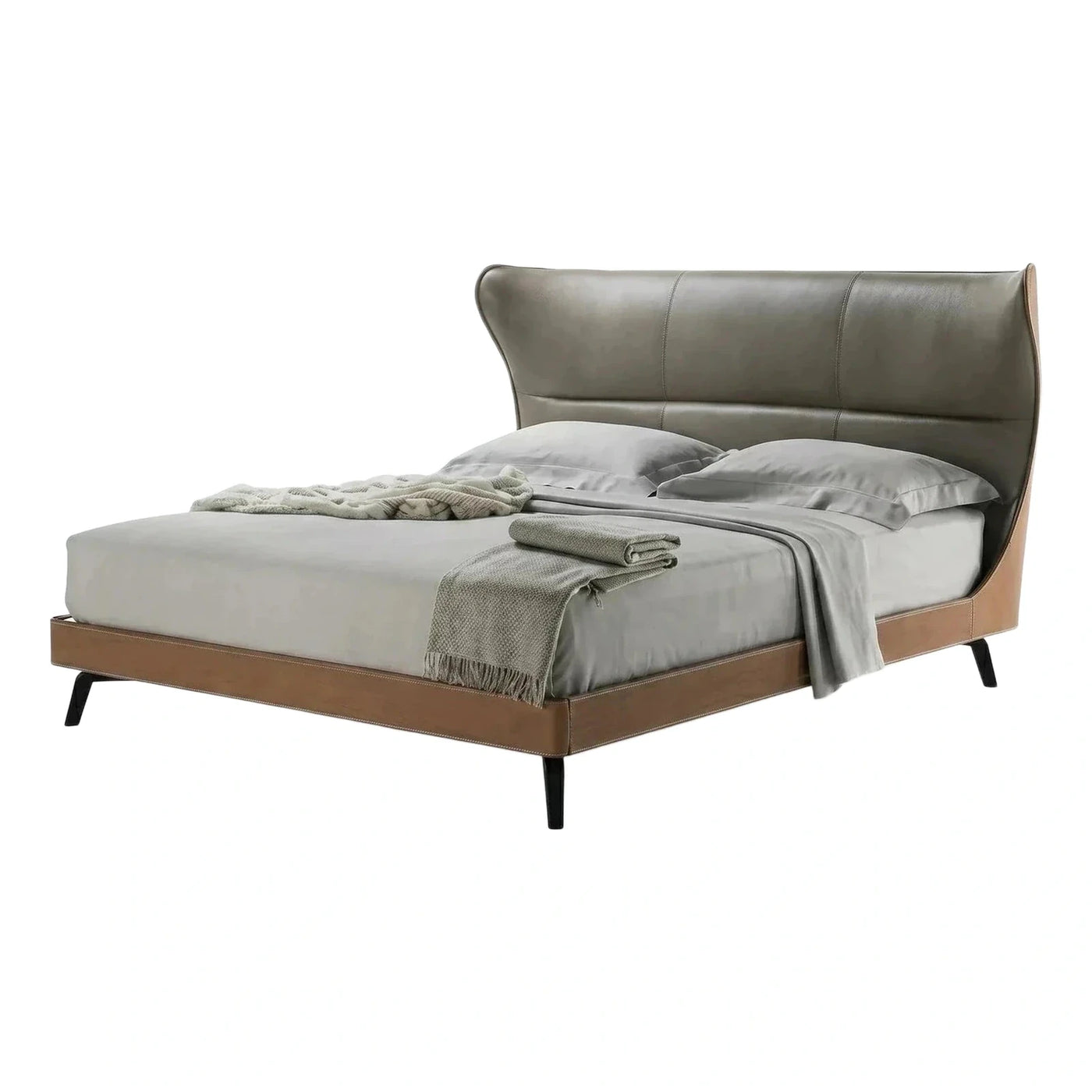 Grey Leather Wingback Bed with Wood Frame
