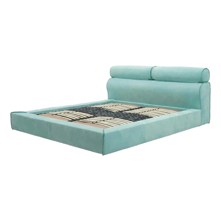 Light Blue Upholstered Platform Bed with Bolster Headboard