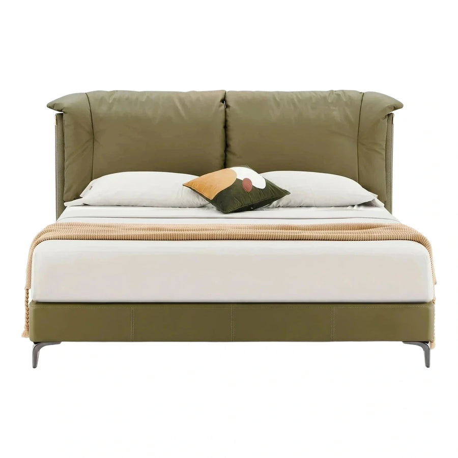 Olive Green Upholstered Bed with High Headboard