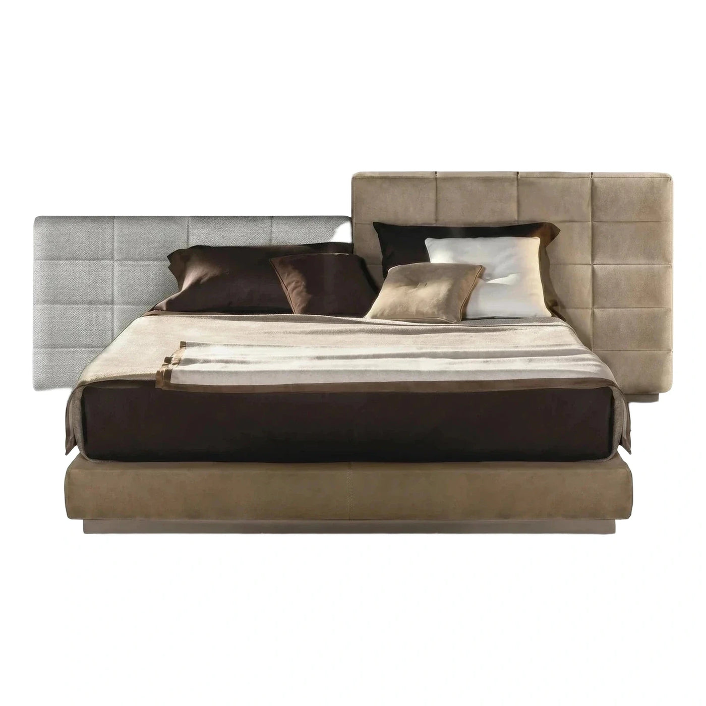 Beige Upholstered Bed with Dark Wood Nightstands