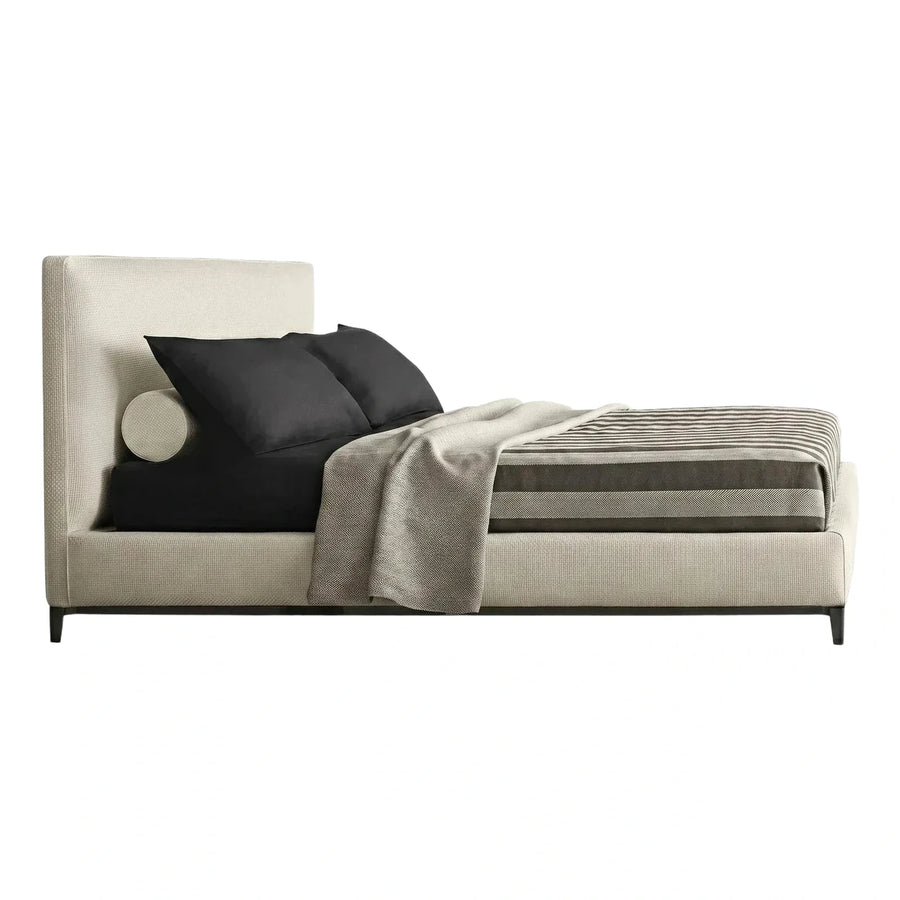 Modern Upholstered Bed with Dark Wood Frame