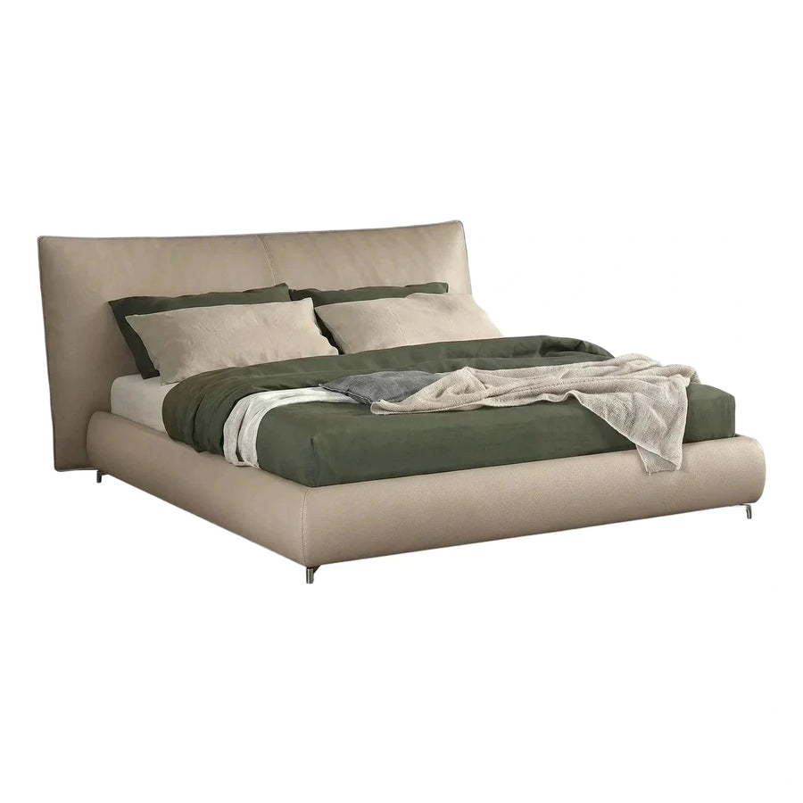 Beige Upholstered Bed with Geometric Headboard