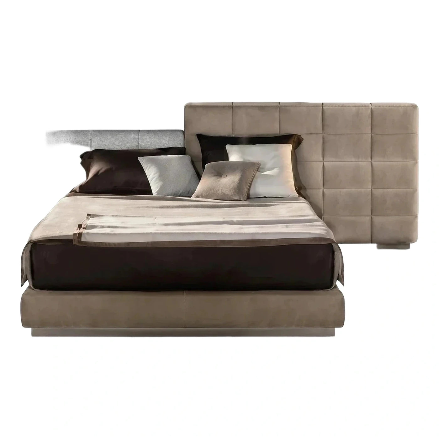 Modern Beige Upholstered Platform Bed with Extended Headboard