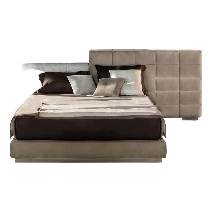 Modern Beige Upholstered Platform Bed with Extended Headboard