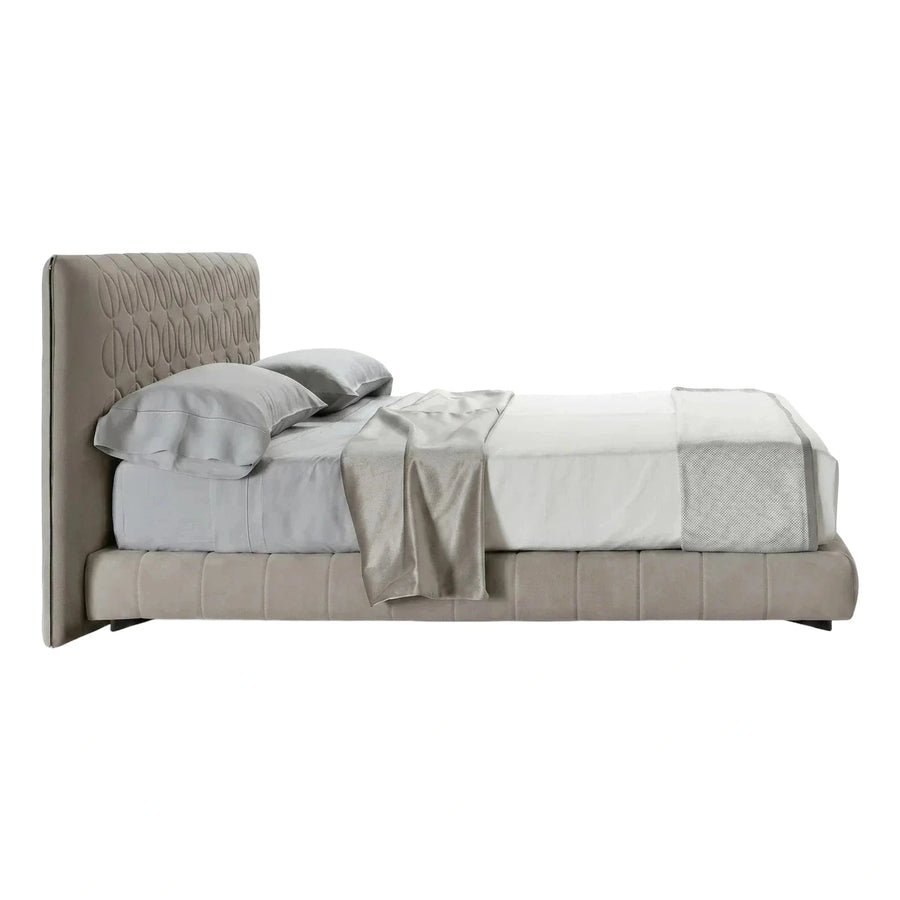 Modern Grey Upholstered Platform Bed with Quilted Headboard