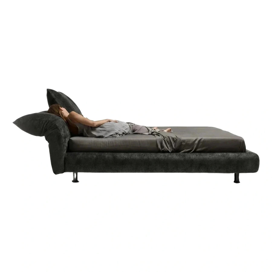 Modern Dark Grey Upholstered Platform Bed with Sculptural Headboard