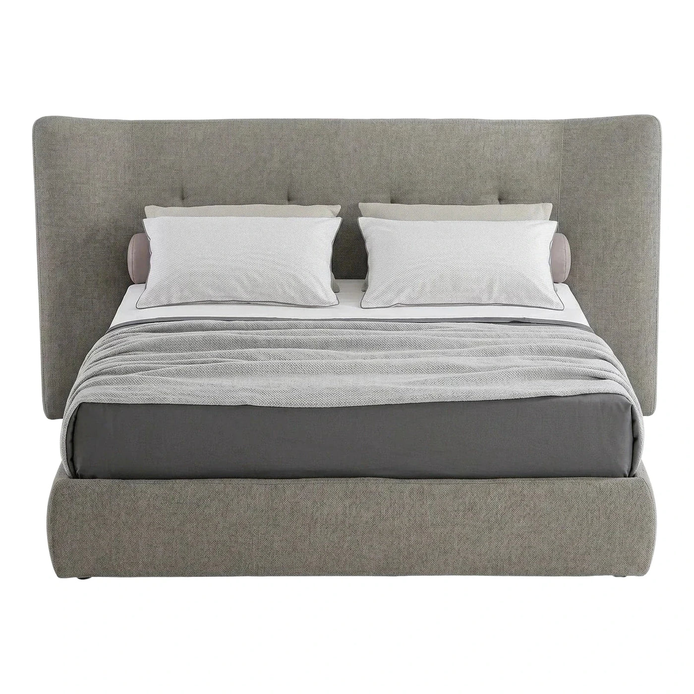 Modern Grey Upholstered Platform Bed with Winged Headboard