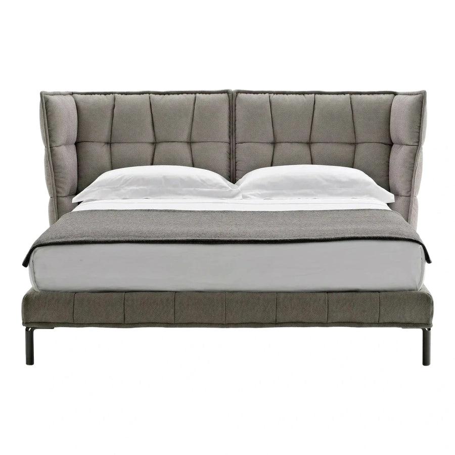 Grey Upholstered Bed with Tall Tufted Wingback Headboard