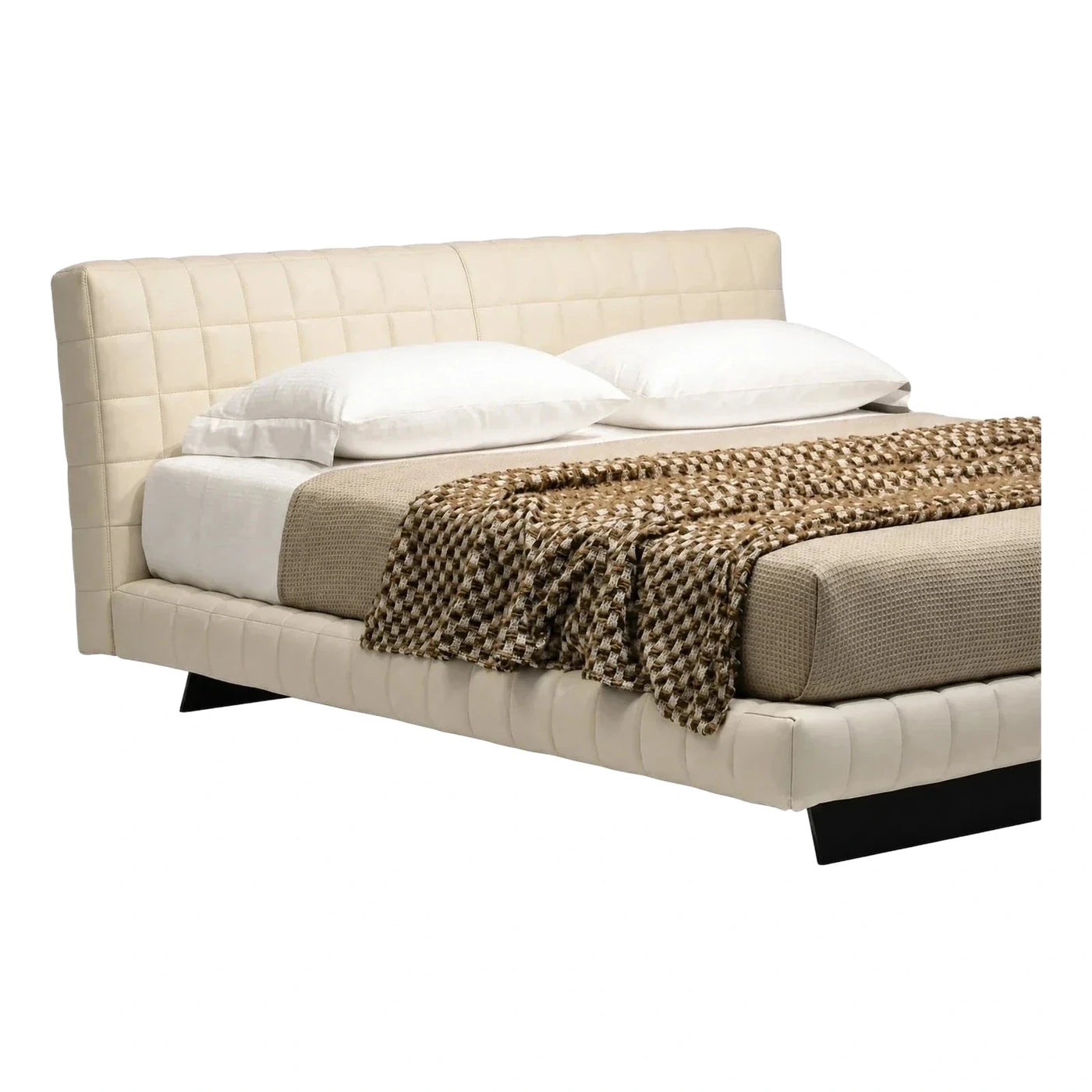 Modern Cream Leather Tufted Platform Bed Frame