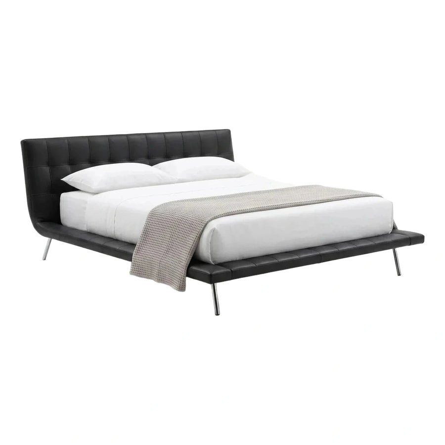 Modern Black Leather Platform Bed with Metal Legs