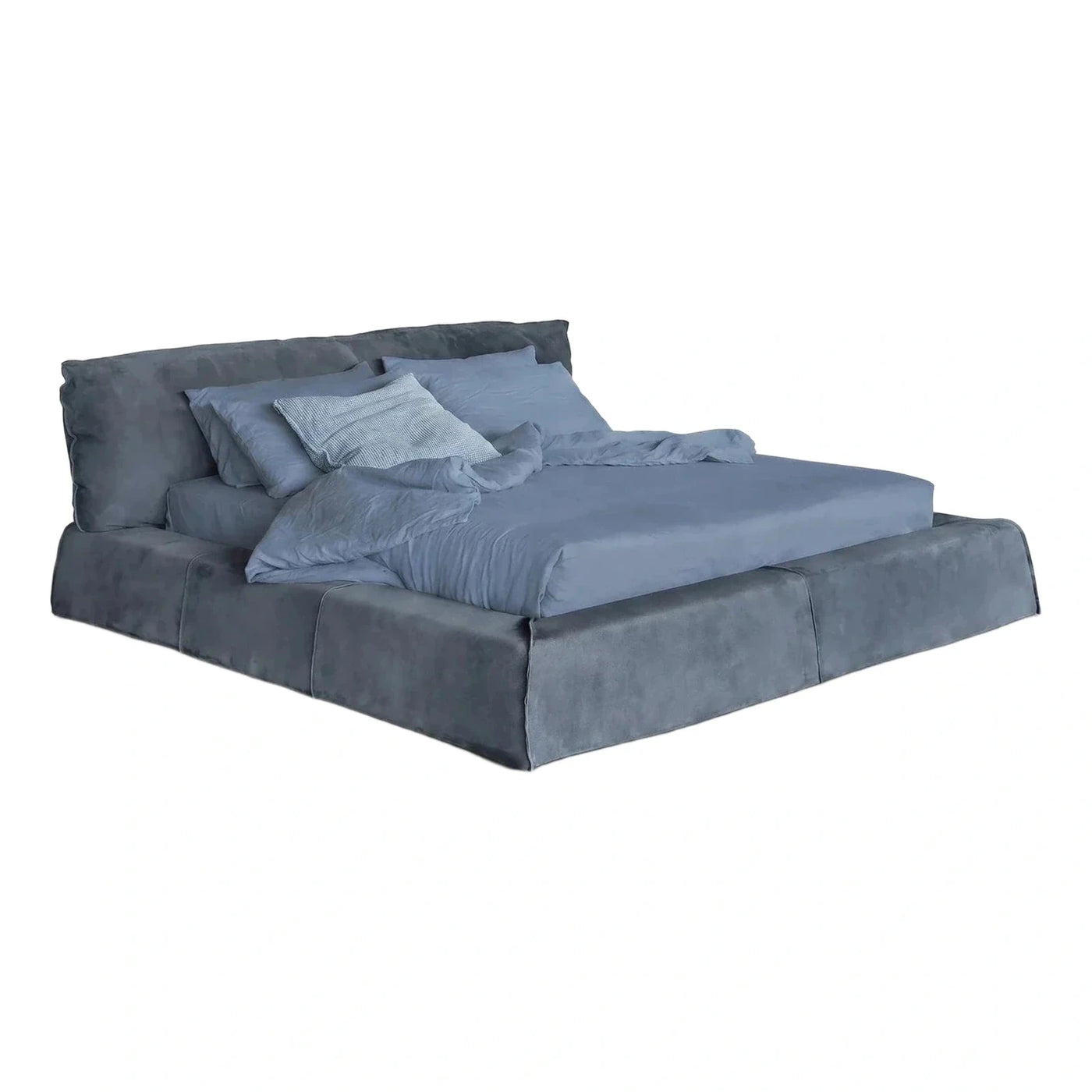 Modern Blue Upholstered Platform Bed with Padded Headboard