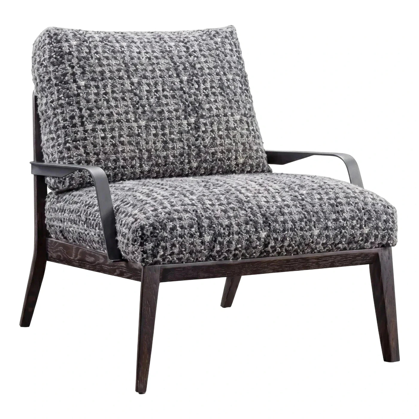Grey Textured Boucle Lounge Chair with Dark Wood Frame