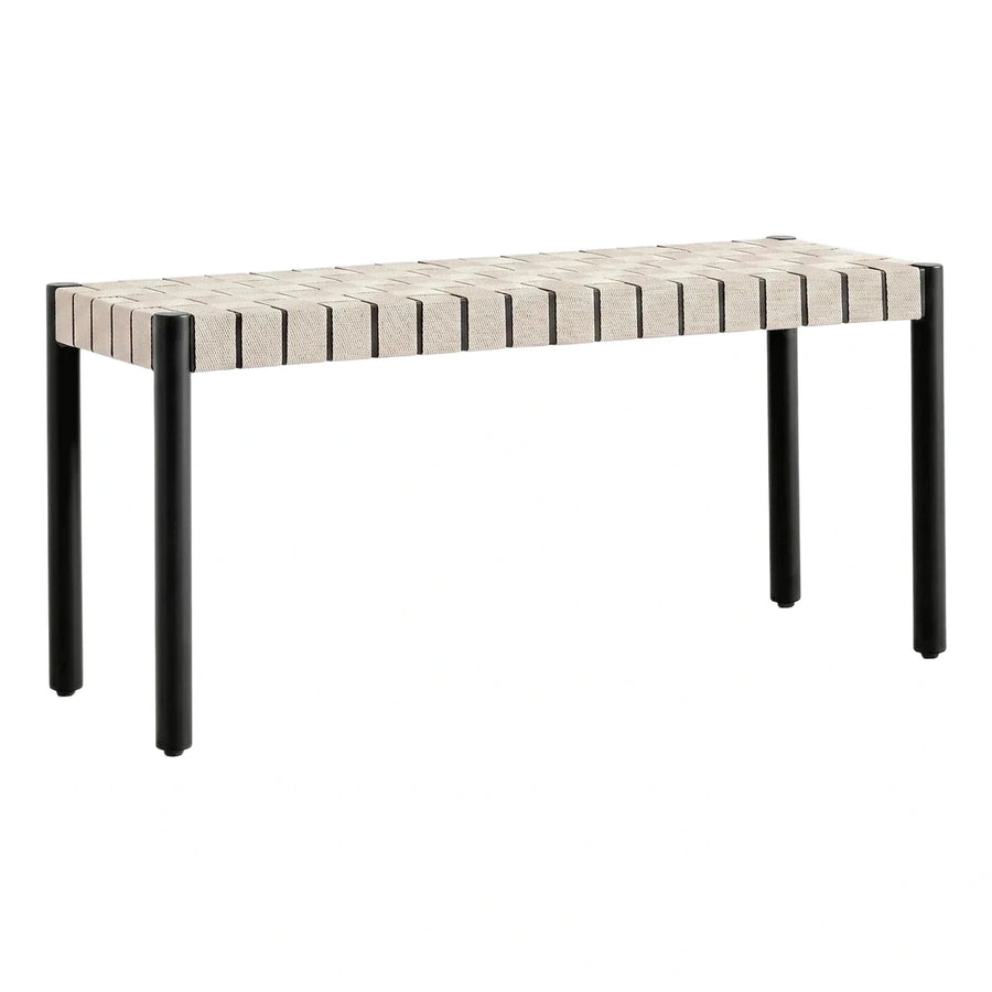 Beige Woven Strap Bench with Black Metal Legs