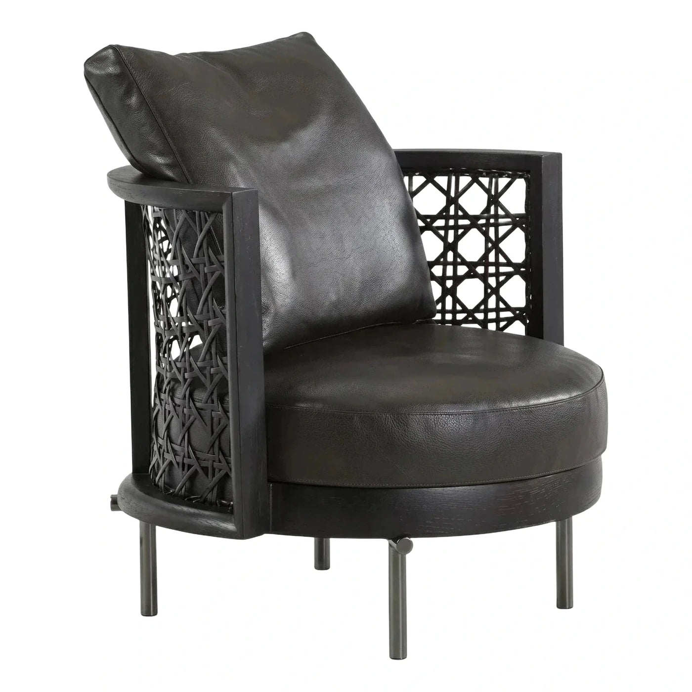Black Leather Armchair with Geometric Rattan Sides