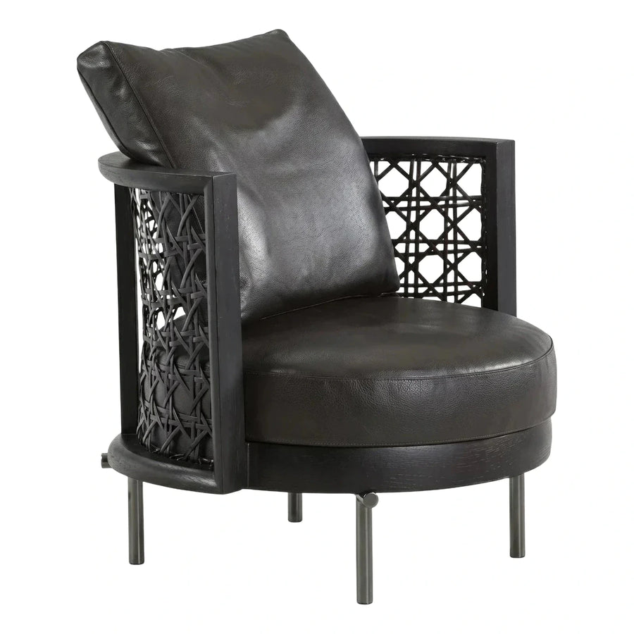Black Leather Armchair with Geometric Rattan Sides