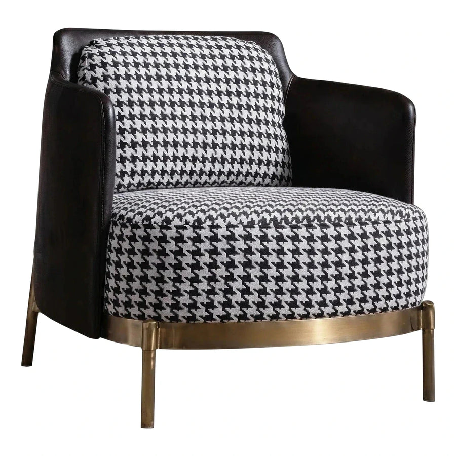 Houndstooth Upholstered Armchair with Dark Leather Shell