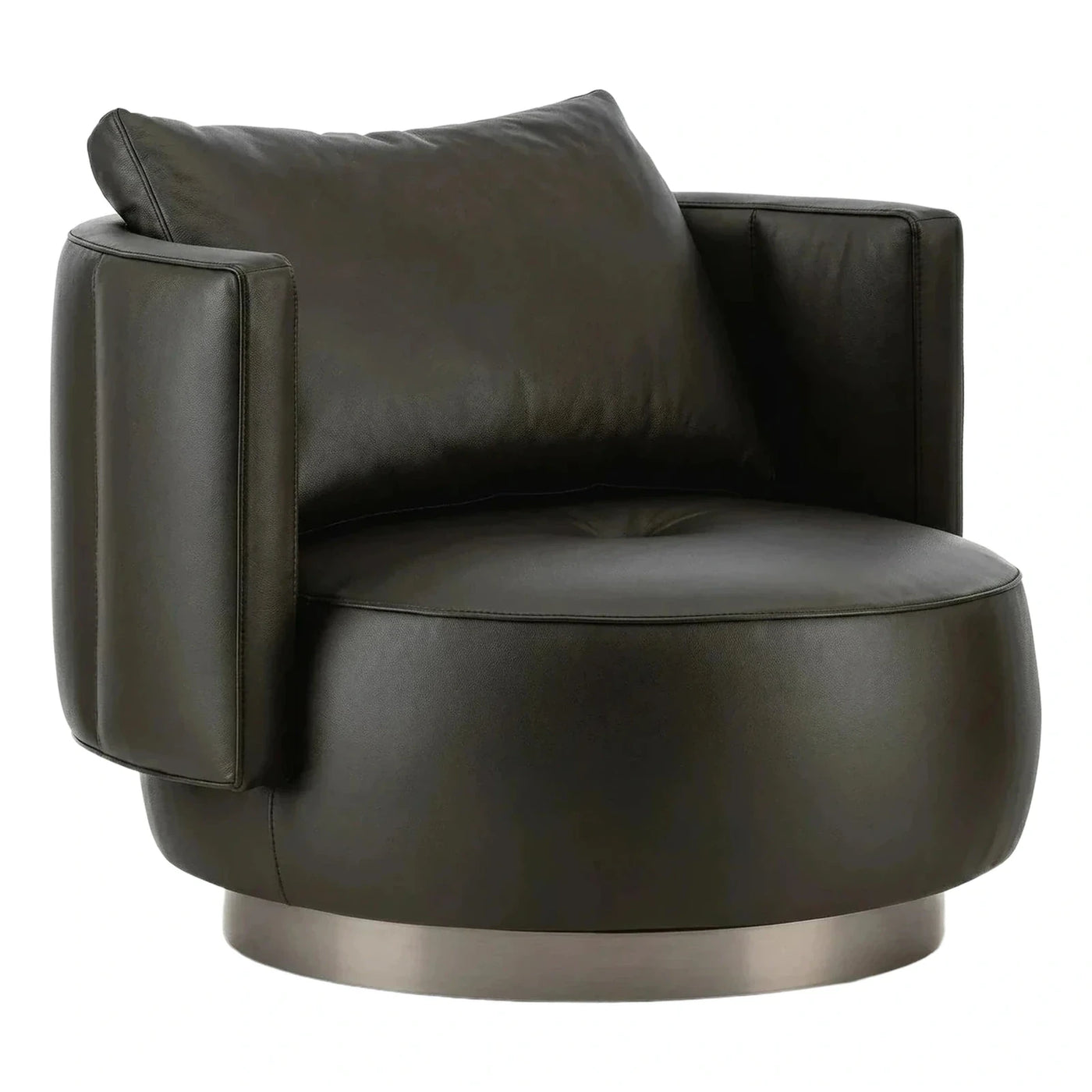 Modern Black Leather Round Swivel Armchair