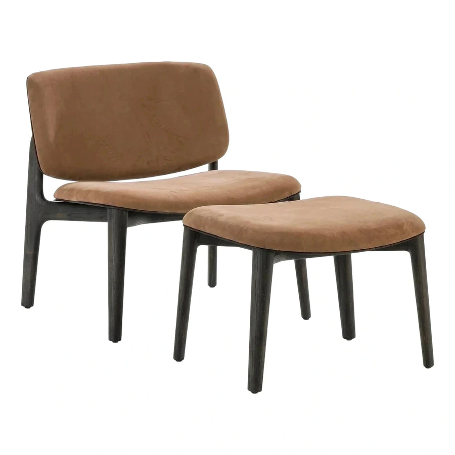 Modern Tan Upholstered Lounge Chair and Ottoman Set