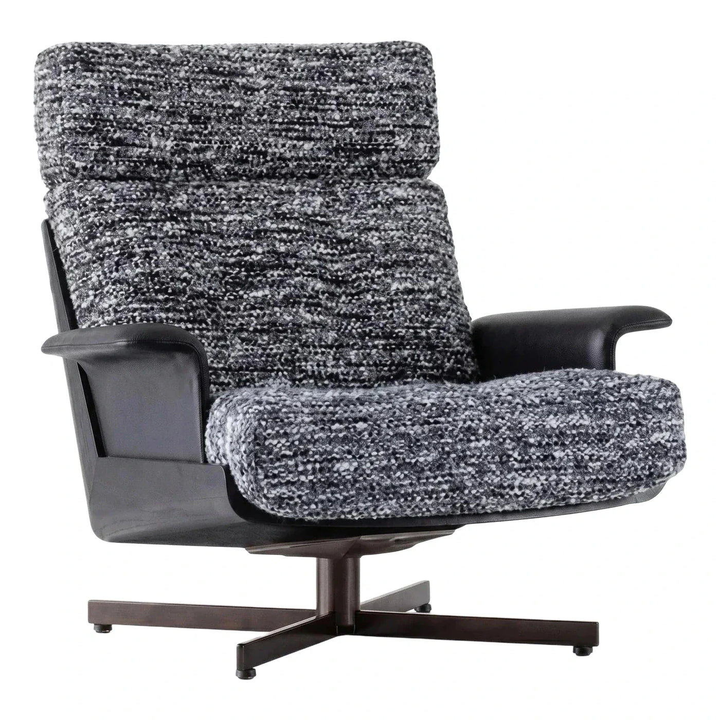 Modern Grey Boucle Swivel Lounge Chair with Leather Arms