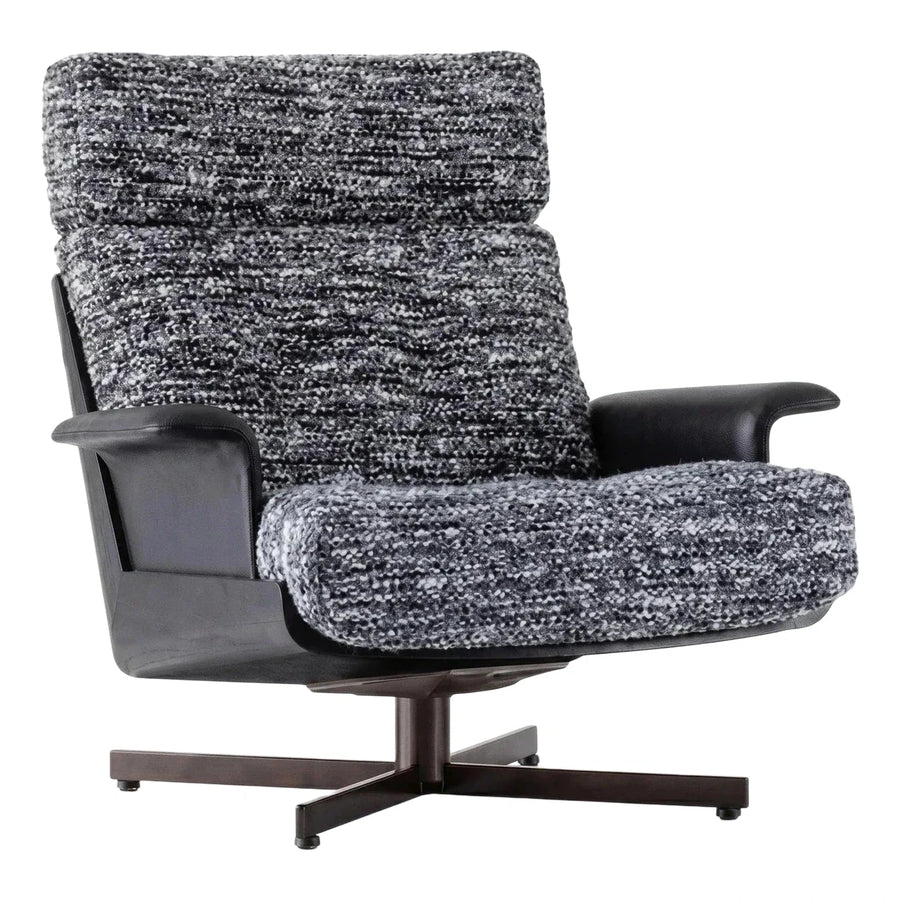 Modern Grey Boucle Swivel Lounge Chair with Leather Arms