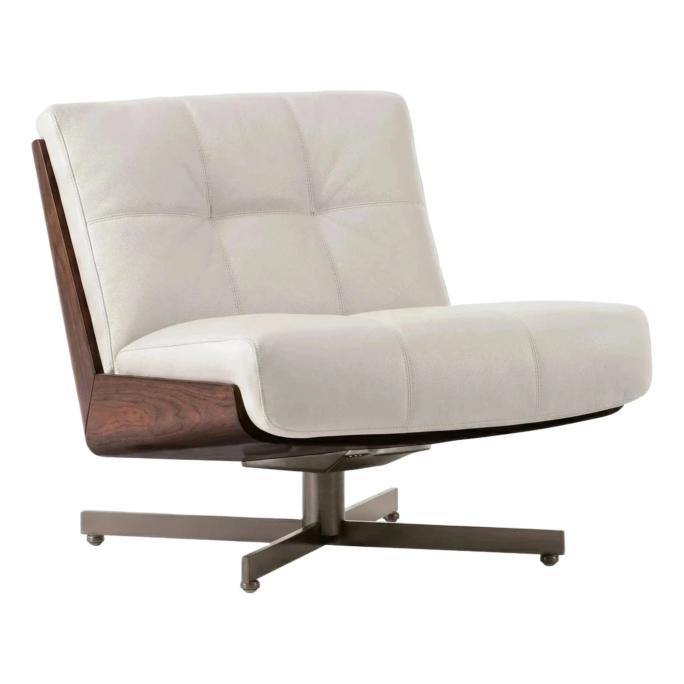Cream Leather Swivel Lounge Chair with Dark Wood Frame