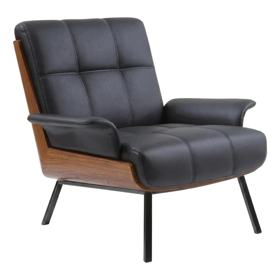 Modern Black Leather Lounge Chair with Wood Frame