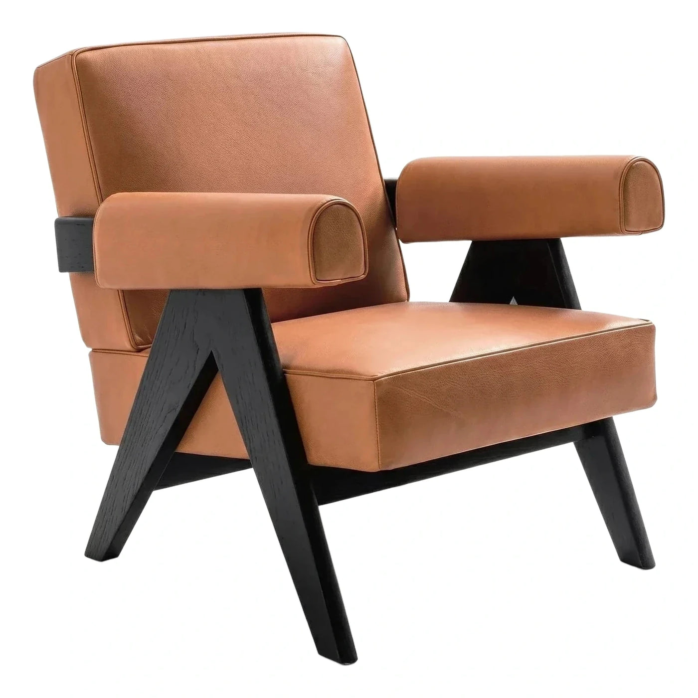 Modern Cognac Leather Armchair with Black Wood Frame