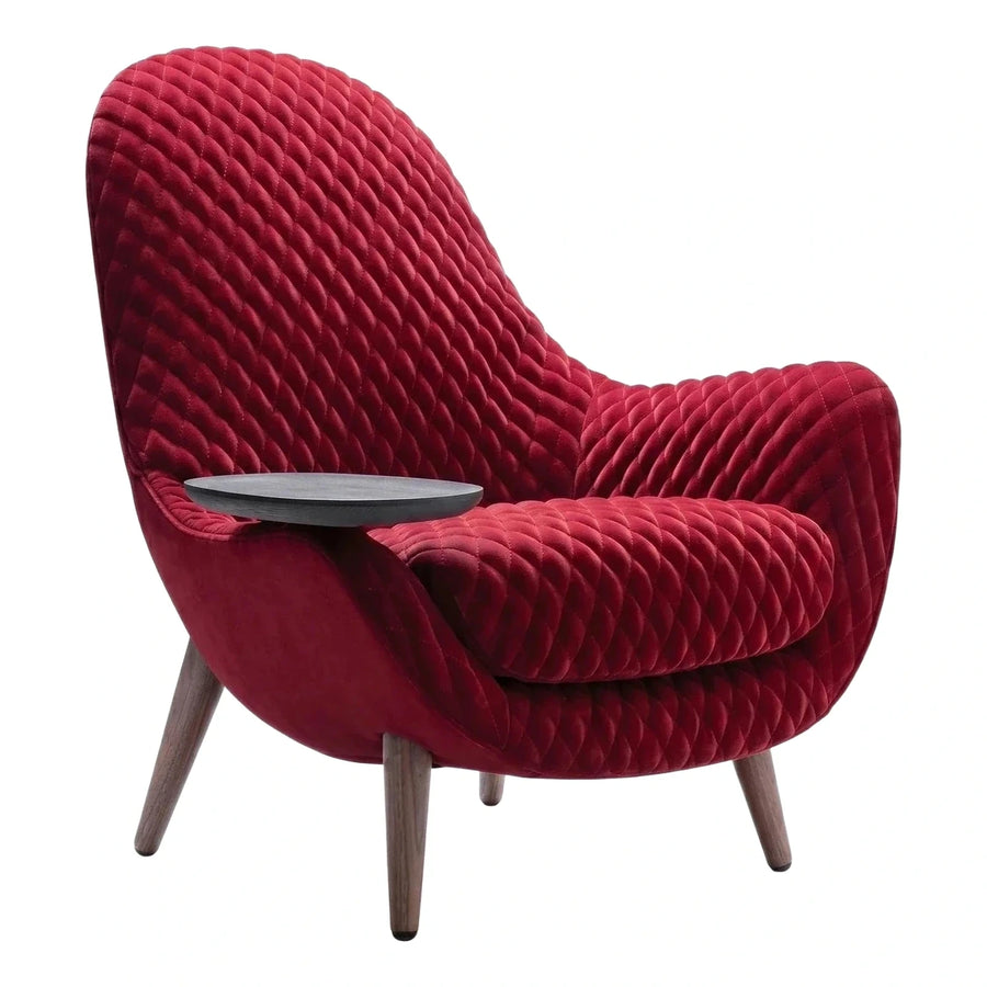 Red Quilted Velvet Lounge Chair with Side Table