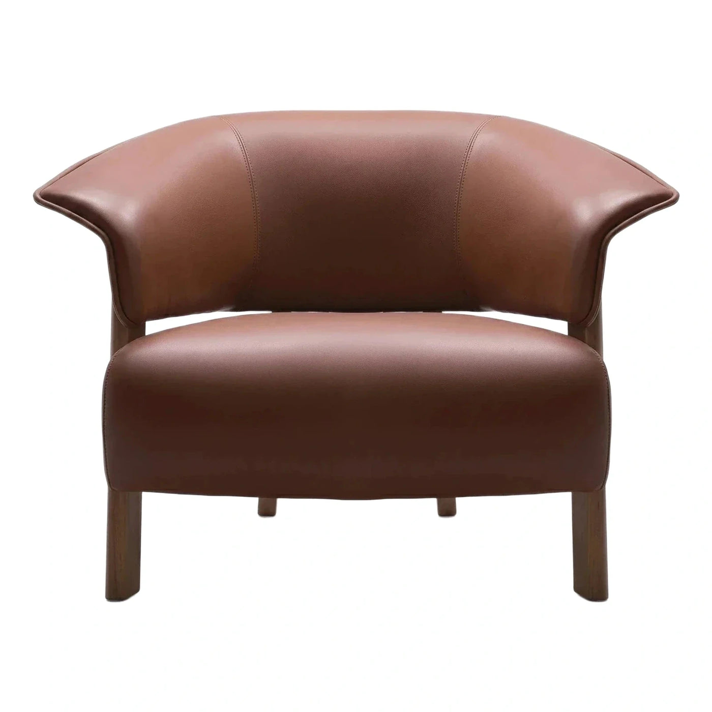Curved Brown Leather Lounge Chair with Wooden Legs