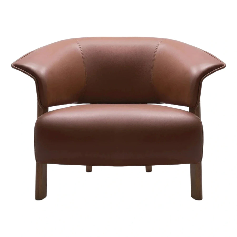 Curved Brown Leather Lounge Chair with Wooden Legs
