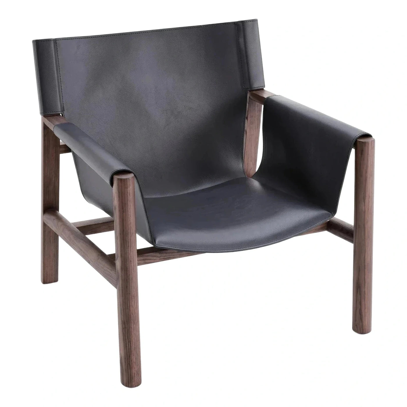 Modern Black Leather Sling Lounge Chair Wood Frame