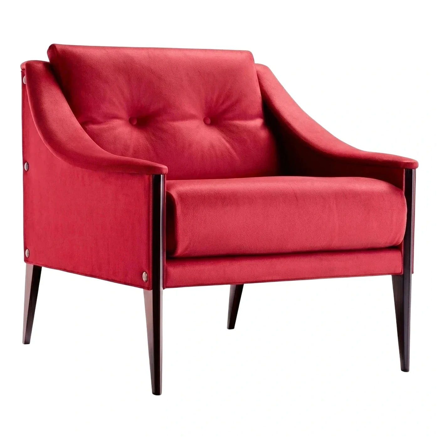 Red Upholstered Armchair with Dark Wood Legs