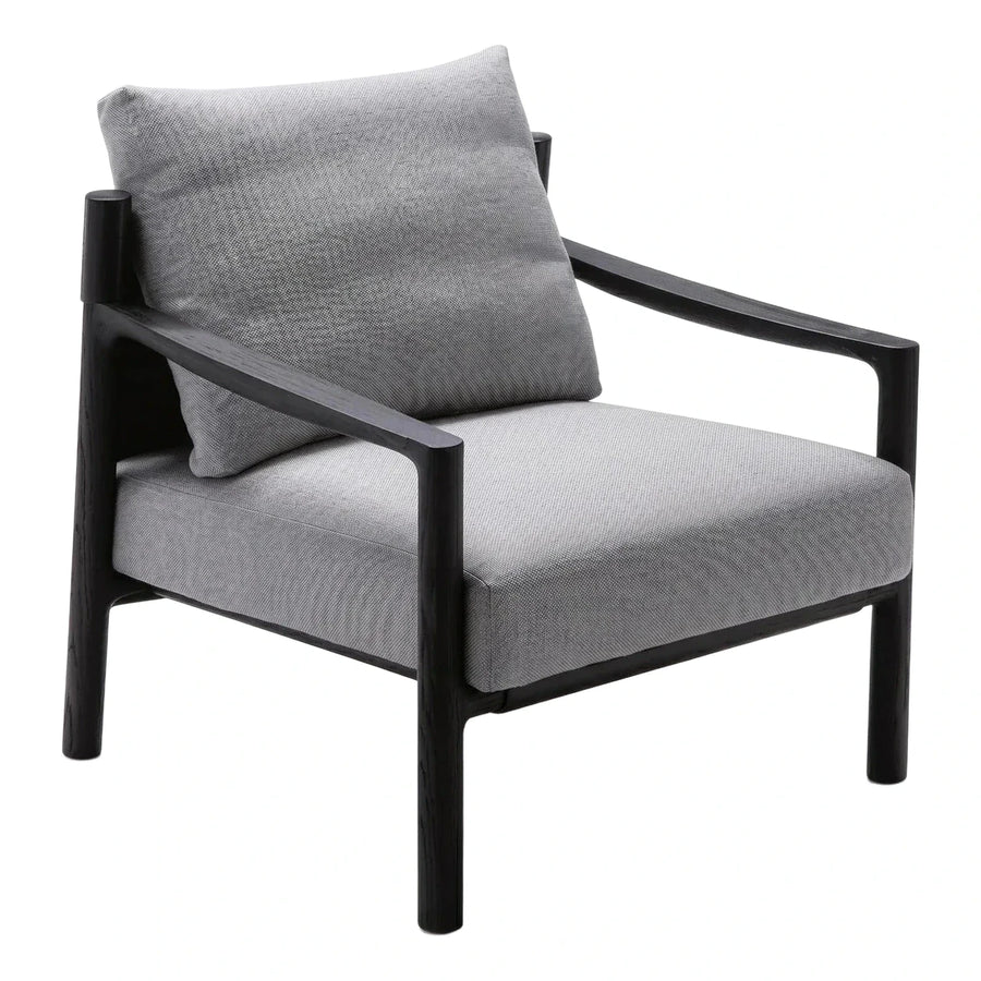 Modern Grey Fabric Armchair with Dark Wood Frame