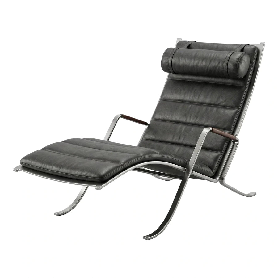 Modern Black Leather Cantilever Lounge Chair with Wood Accents