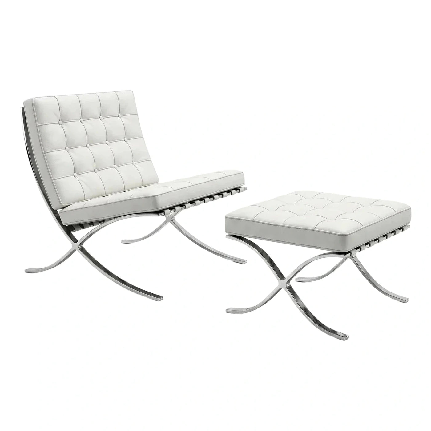 White Tufted Leather Lounge Chair and Ottoman