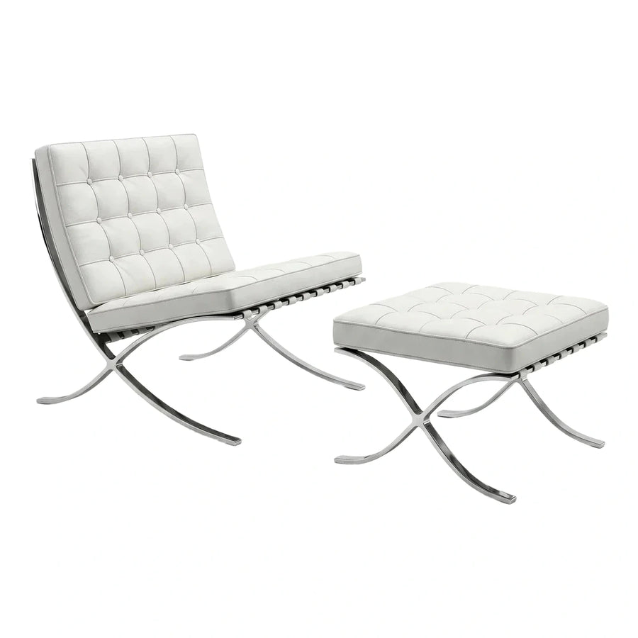 White Tufted Leather Lounge Chair and Ottoman