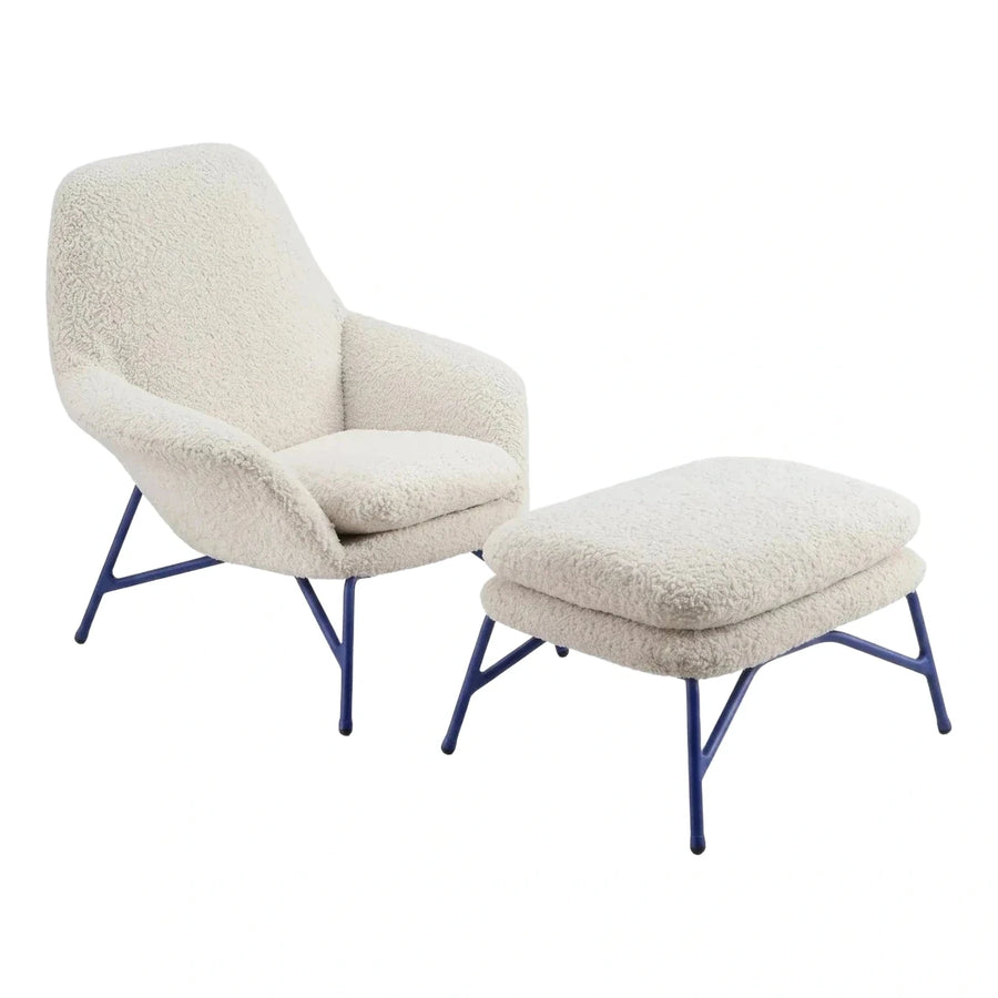 Cream Boucle Lounge Chair and Ottoman with Blue Legs