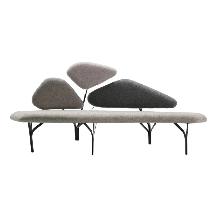 Modern Grey Fabric Bench with Organic Stone Backrests