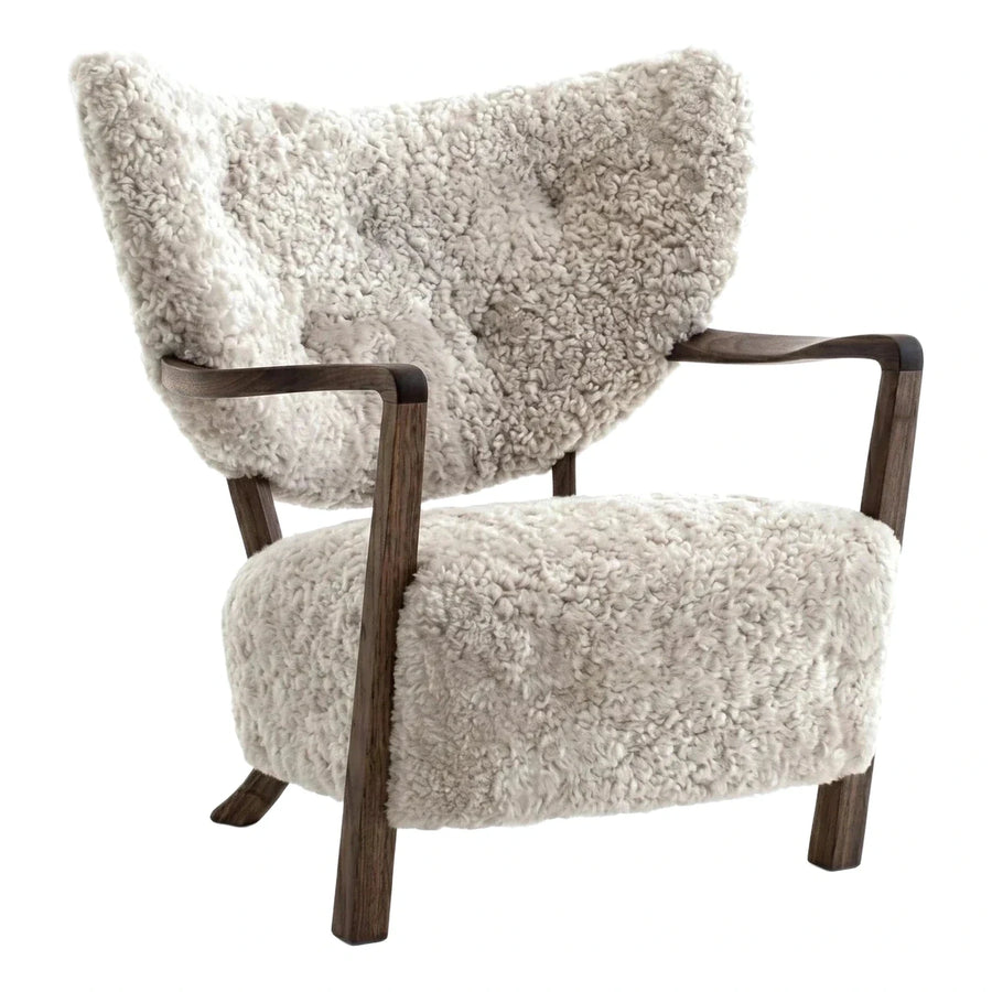 Cream Boucle Lounge Chair with Dark Wood Frame