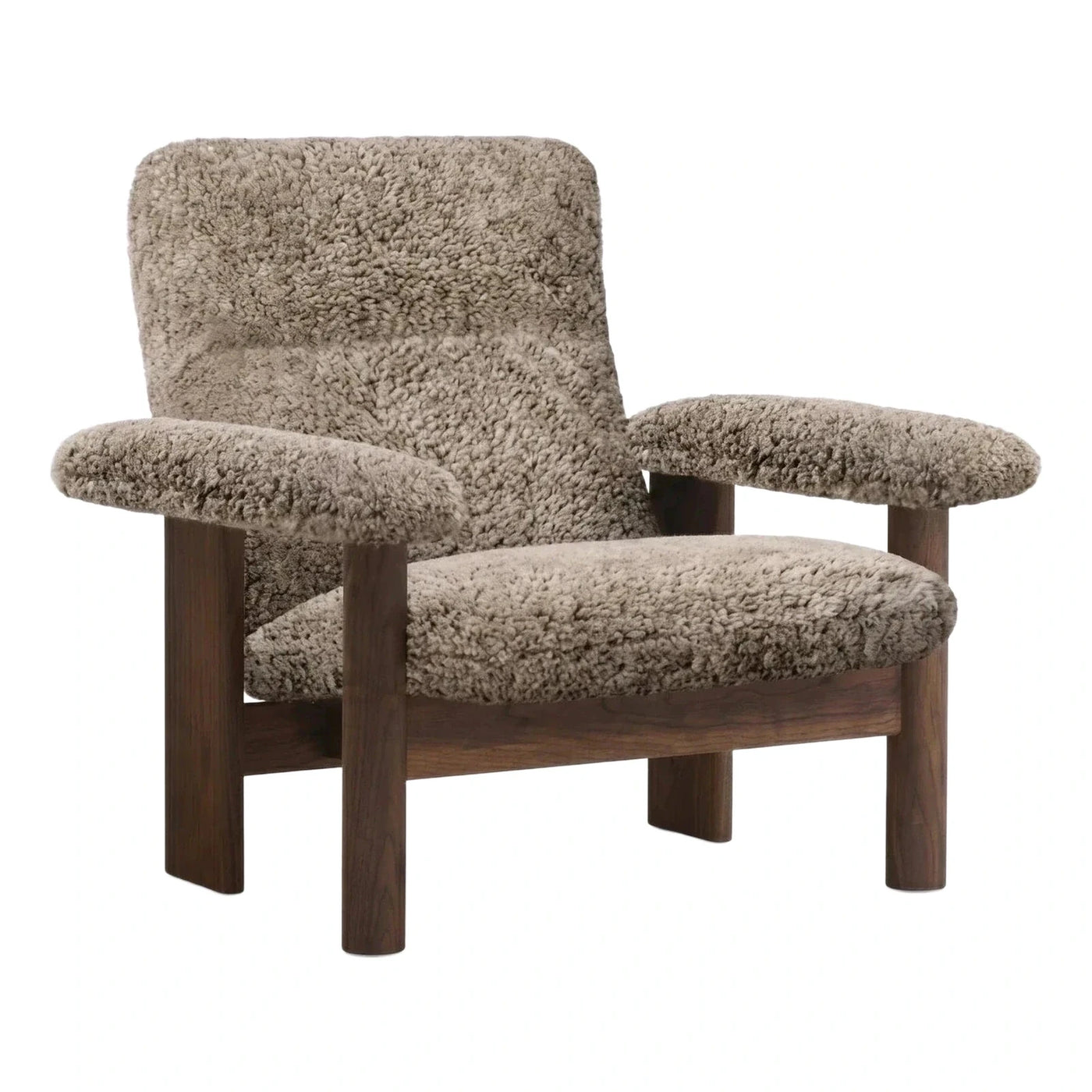 Beige Boucle Lounge Chair with Dark Wood Frame