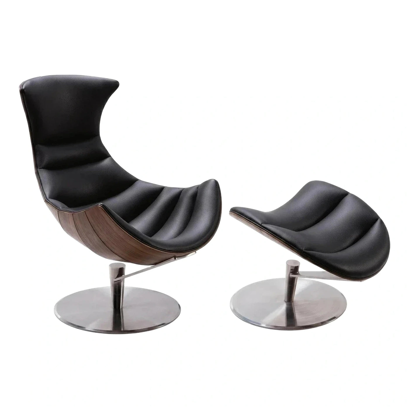 Black Leather Swivel Lounge Chair with Ottoman