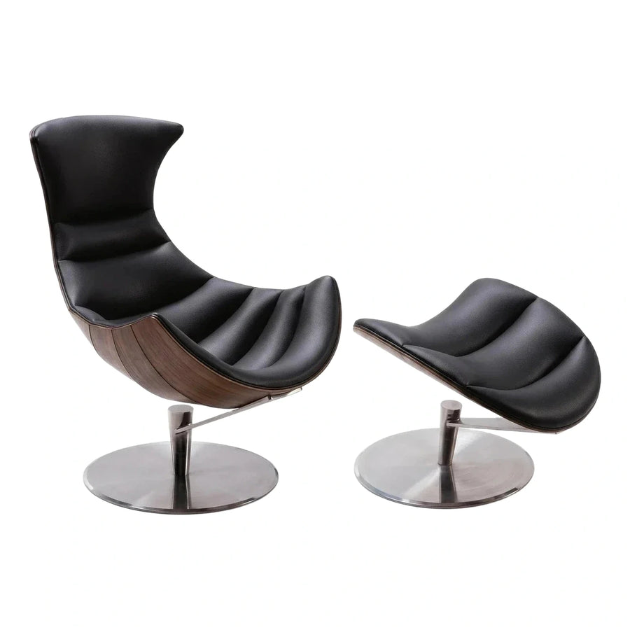 Black Leather Swivel Lounge Chair with Ottoman